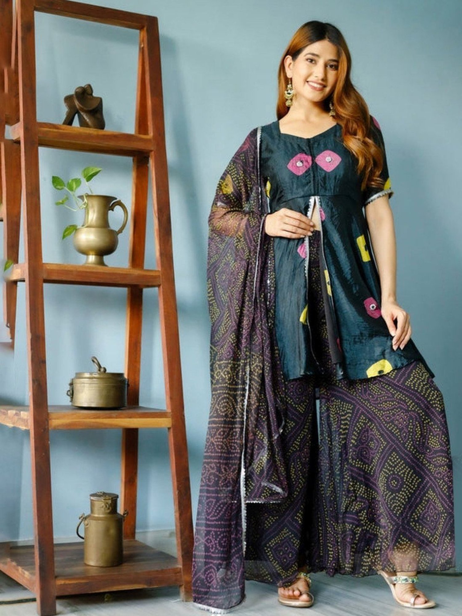 Thread and Button Black Terk Bandhej Kurta and Palazzo with Dupatta