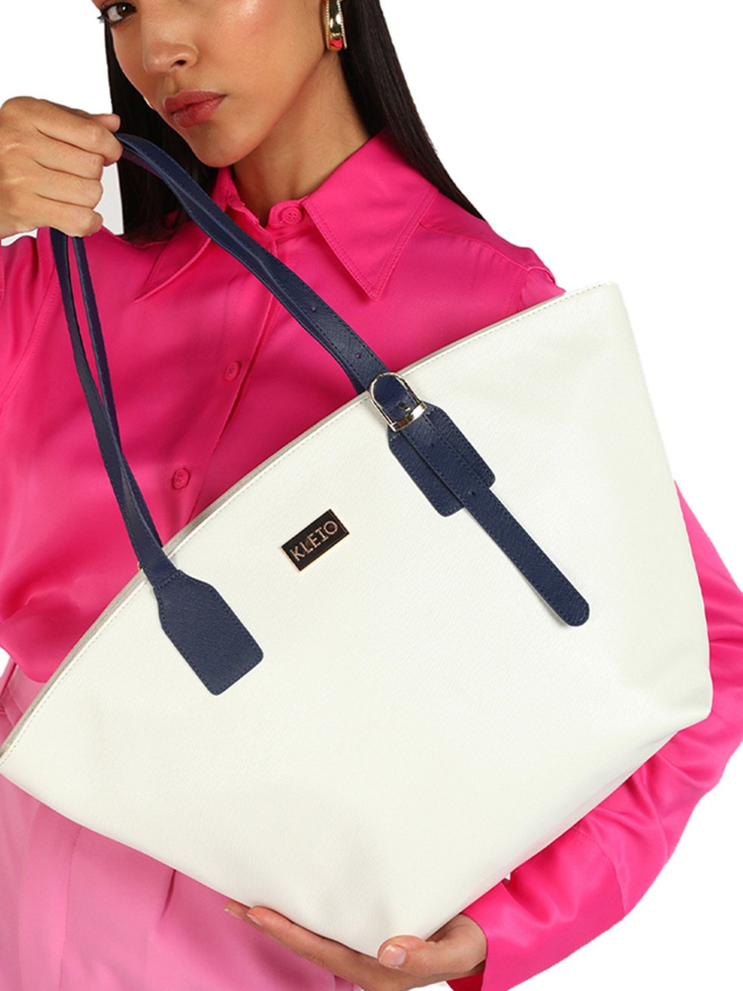 KLEIO White Large Leather Tote Handbag