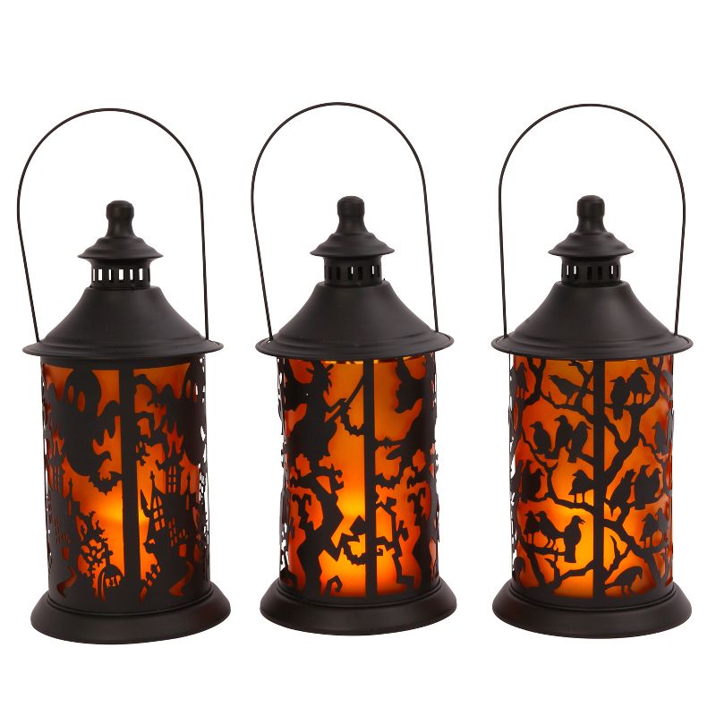 Gerson International Assorted Set of 3 Battery-Operated Metal Halloween Themed Lanterns with LED Candle.