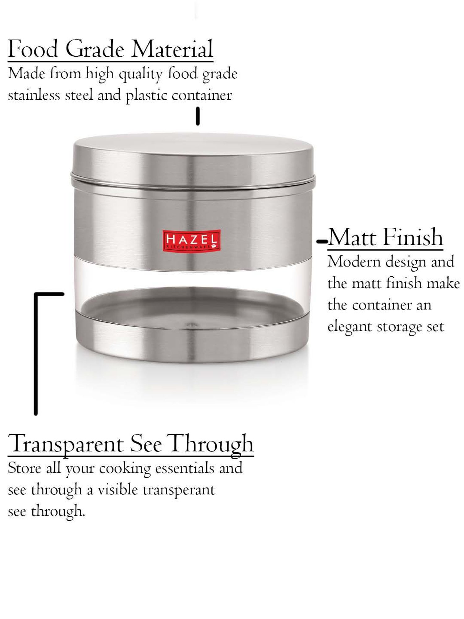 HAZEL Silver Stainless Steel Kitchen Storage Jar (1100 ml) - Set of 1