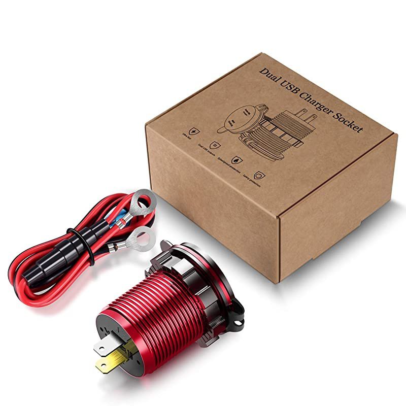 Quick Charge 30 Dual USB Charger Socket Waterproof Power Outlet Fast Charge with LED Voltmeter amp Wire Fuse DIY Kit for 12V24V Car Boat Marine ATV Bus Truck and More Red