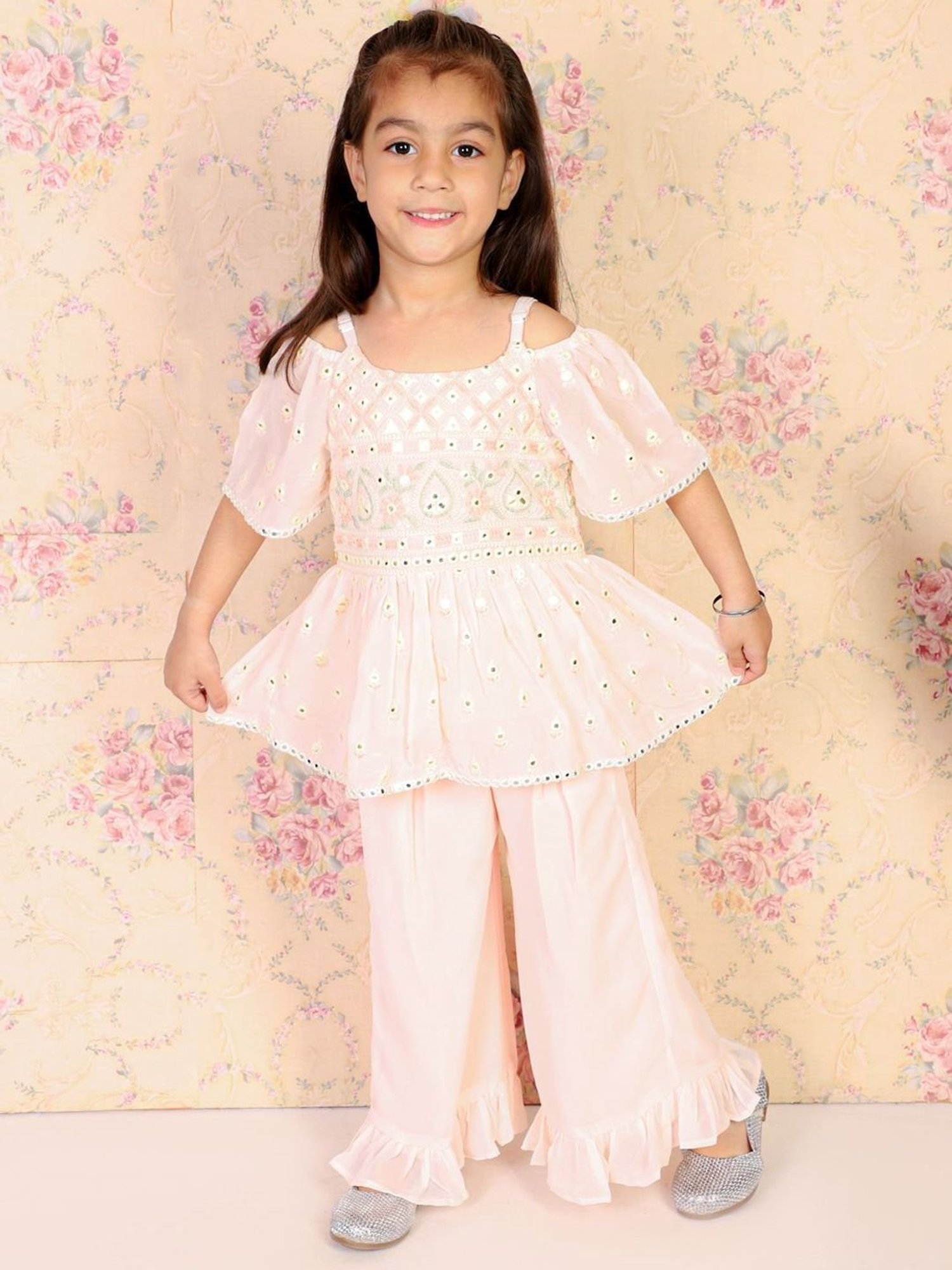 TWISHA Kids Peach Embroidered Top Set