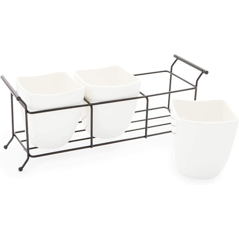 Farmlyn Creek White Ceramic Utensil Holder, Flatware Cutlery Caddy with Metal Stand 13"x4"x5"