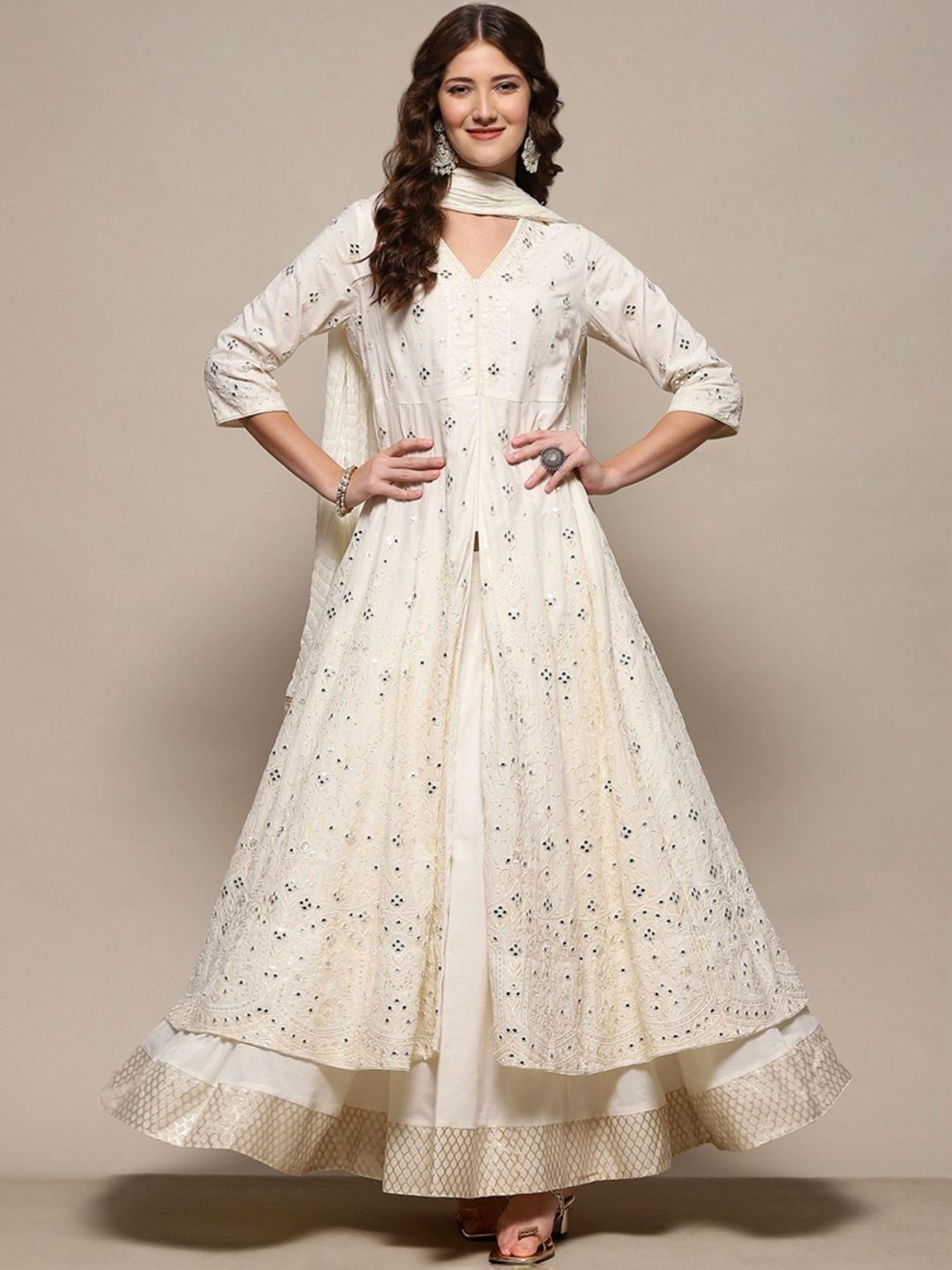 Biba Off-White Cotton Embroidered Kurta Skirt Set With Dupatta