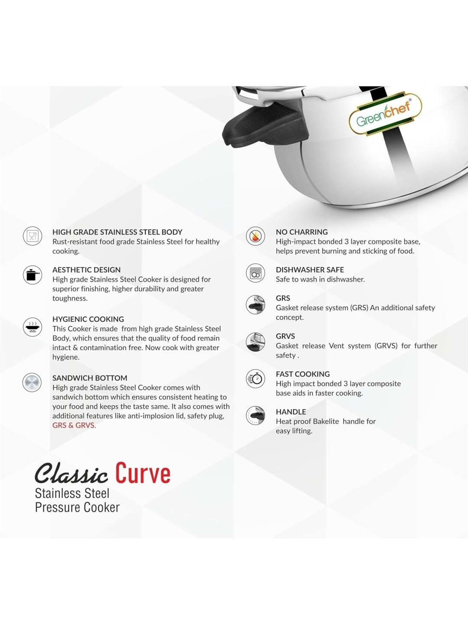 Greenchef Classic Curve Silver Stainless Steel Induction Bottom Pressure Cooker (5 L)