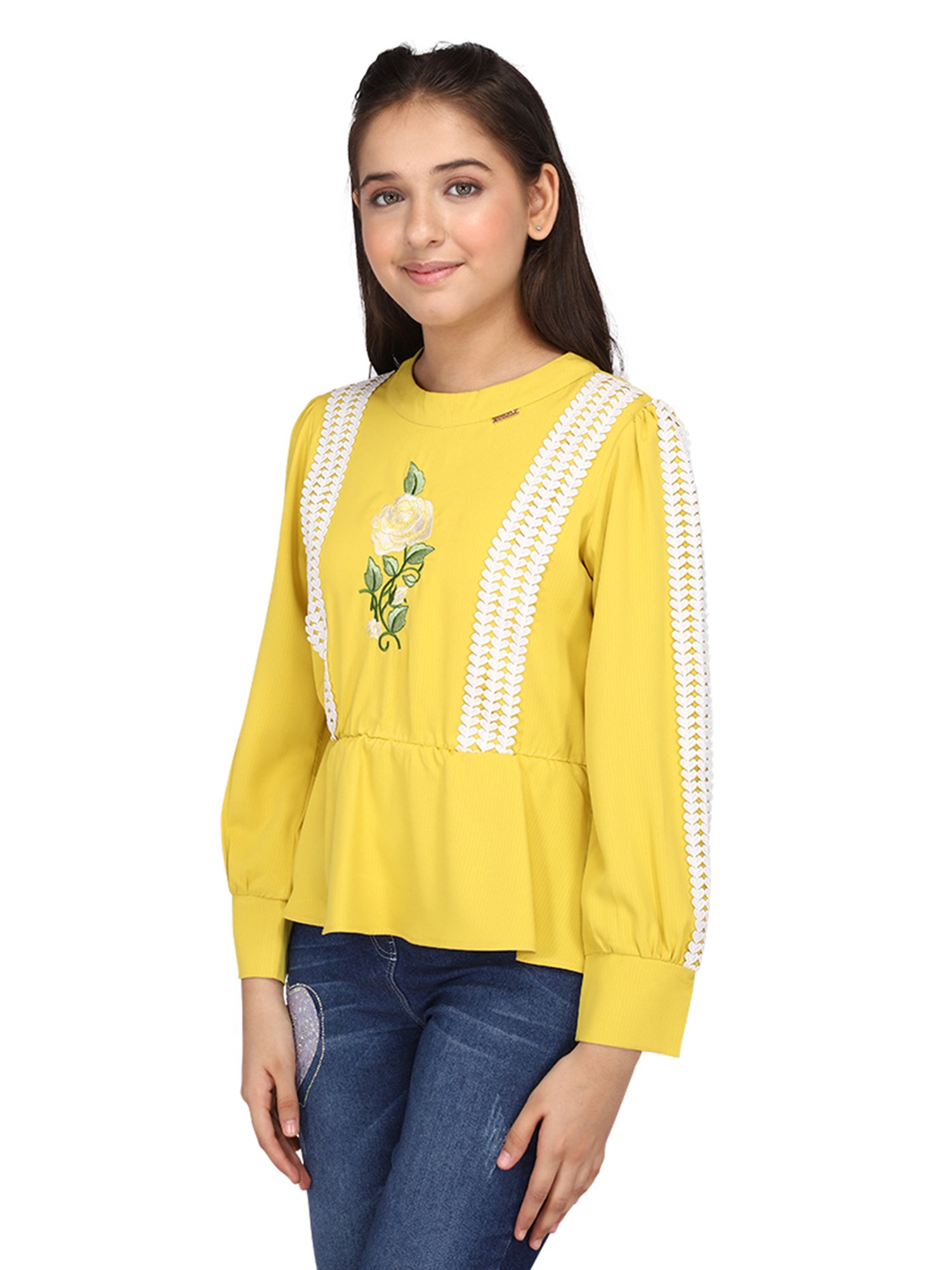 Cutecumber Kids Yellow Embroidered Full Sleeves Top