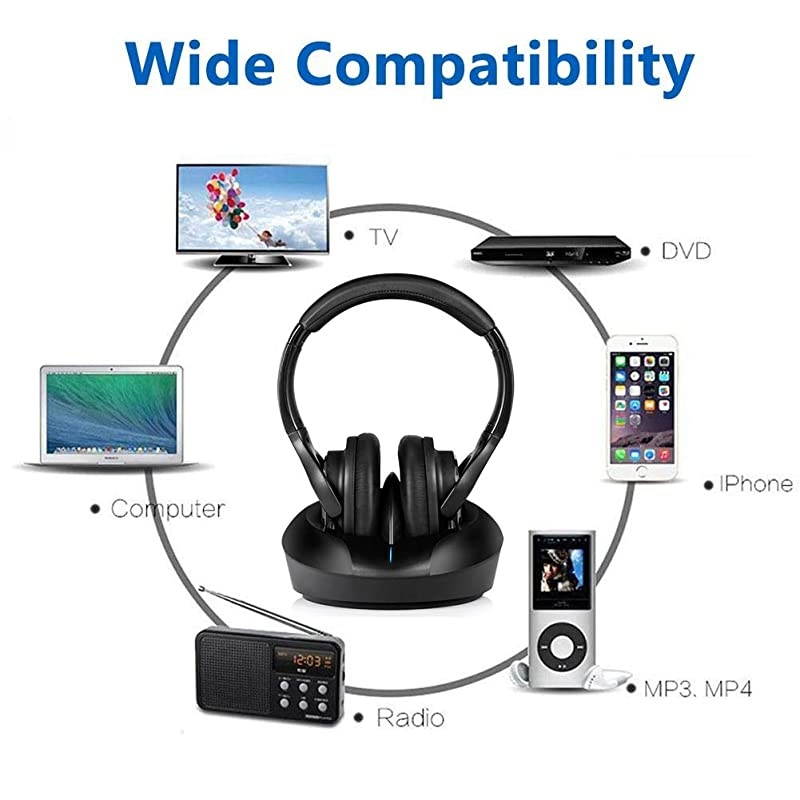TV Headphones Over Ear HeadsetsRF Transmitter Charging Dock HiFi Stereo Cordless Headphones for TV Adjustable Lightweight Rechargeable 10Hrs Battery for Hard of Hearing 330ft Black