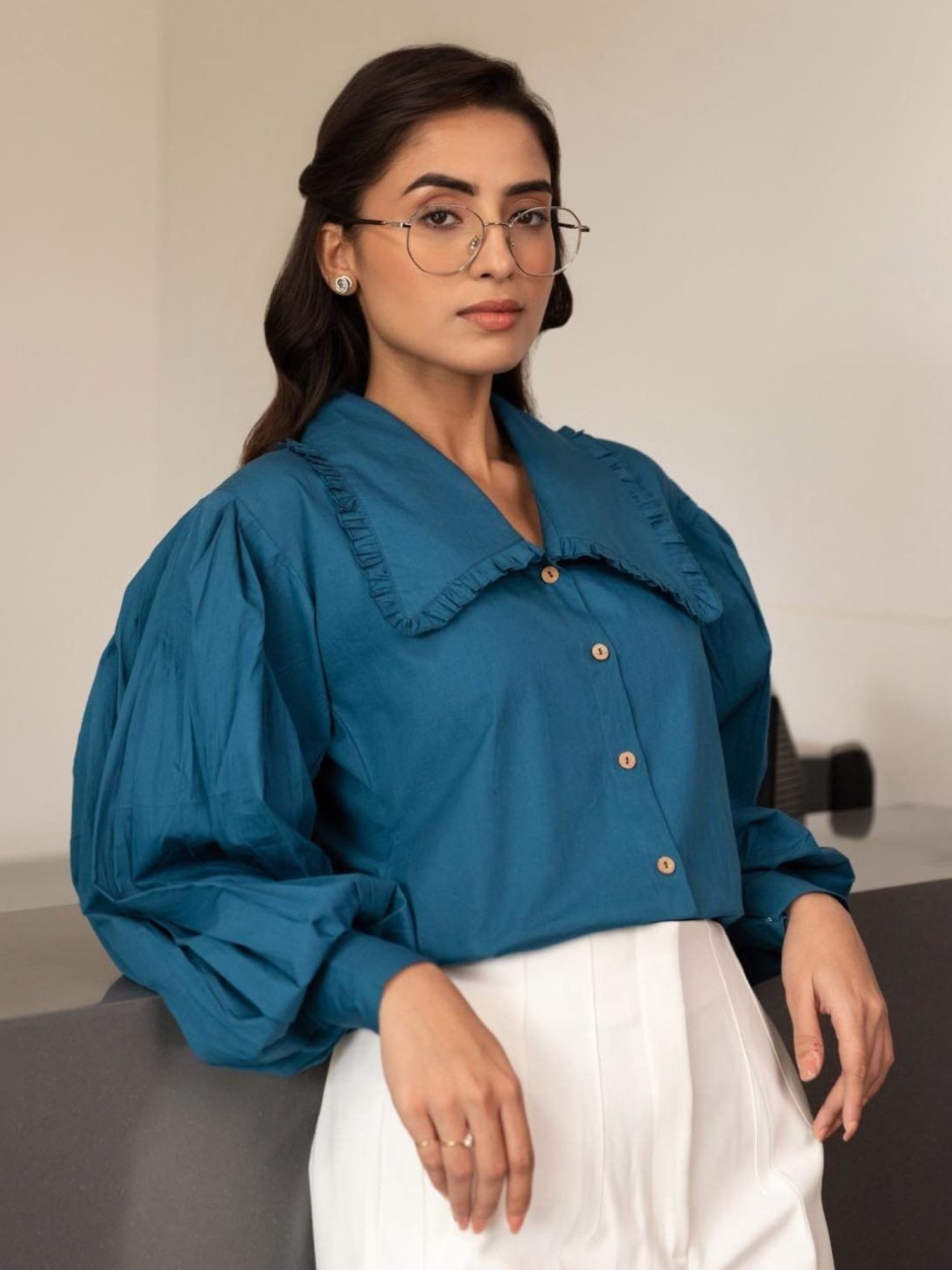 BInfinite Prussian Blue Baloon Sleeve Shirt and White Trousers