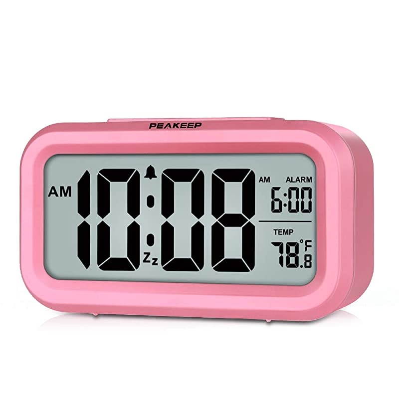 Smart Night Light Digital Alarm Clock with Indoor Temperature, Battery Operated Desk Small Clock (Pink)