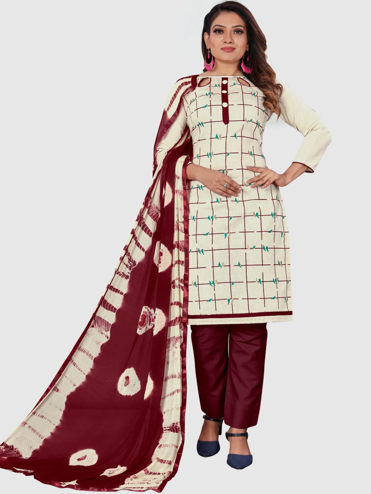 APNISHA Cream & Maroon Cotton Chequered Unstitched Dress Material