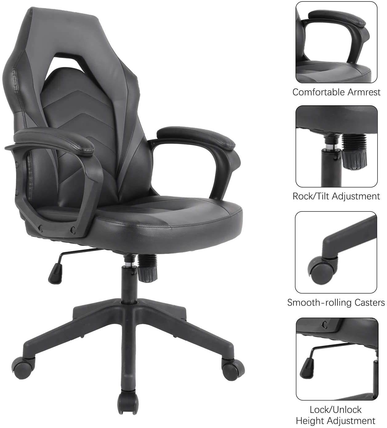 Racing Gaming Chair Executive Bonded Leather Computer Office Chair with Adjustable Height and Padding Armrest