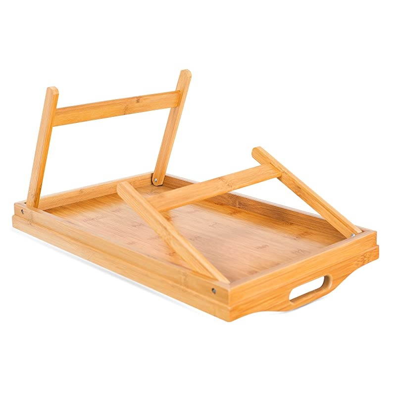 Lap Desk Bed Tray - Bamboo Table - Handles - Foldable Breakfast Serving Tray - Pull Down Legs - Portable Laptop Stand - Natural