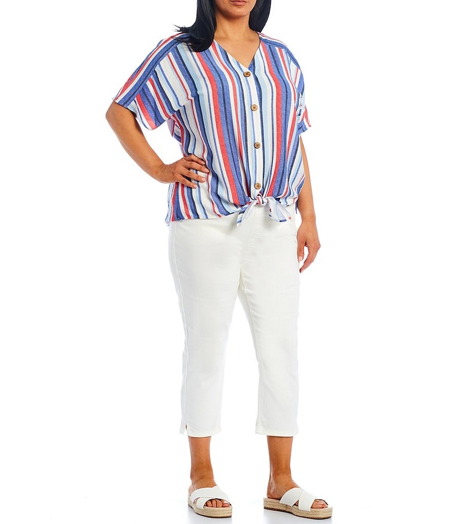 Westbound Plus Size Americana Stripe V-Neck Short Sleeve Tie Front Shirt