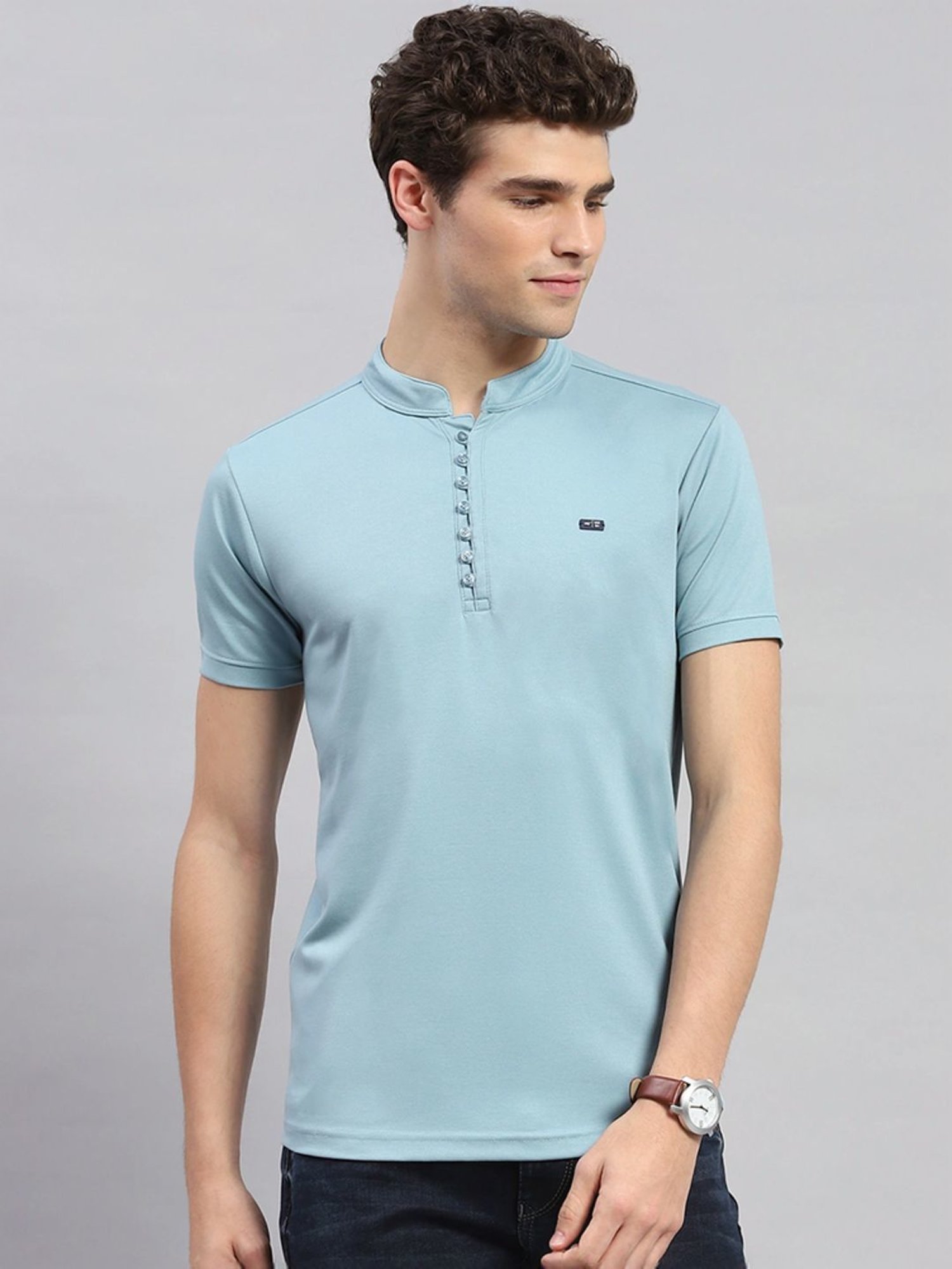 Monte Carlo Sky Blue Regular Fit Henley T-Shirt