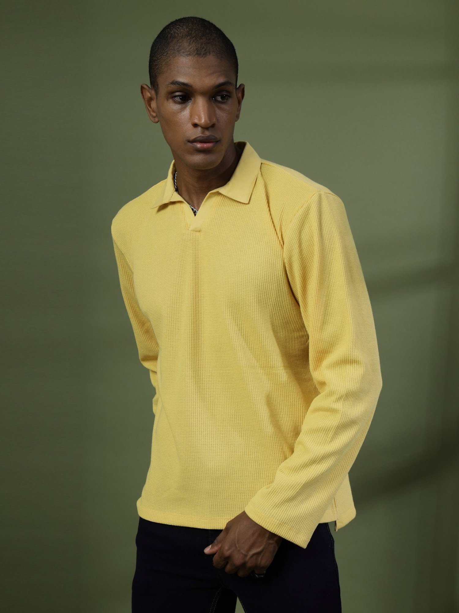 Rigo Yellow Cotton Boxy Fit Texture Polo T-Shirt