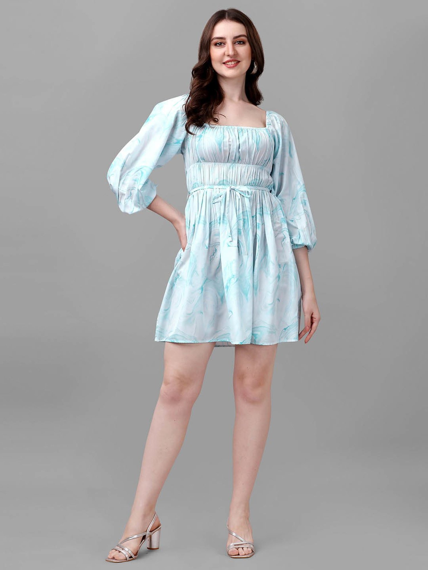 MASAKALI.CO Sky Blue Printed Fit & Flare Dress