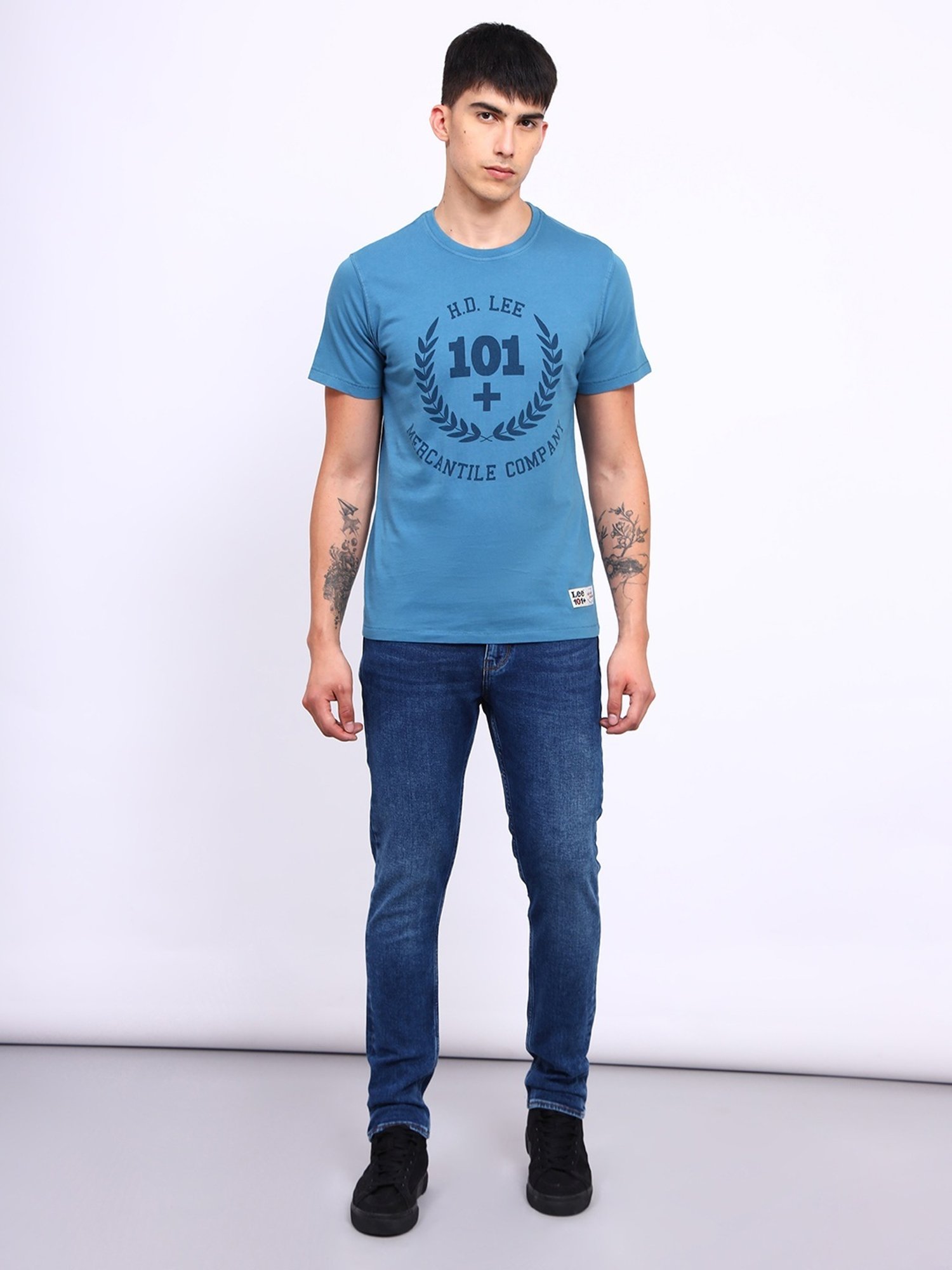 Lee Blue Cotton Regular Fit Printed T-Shirt