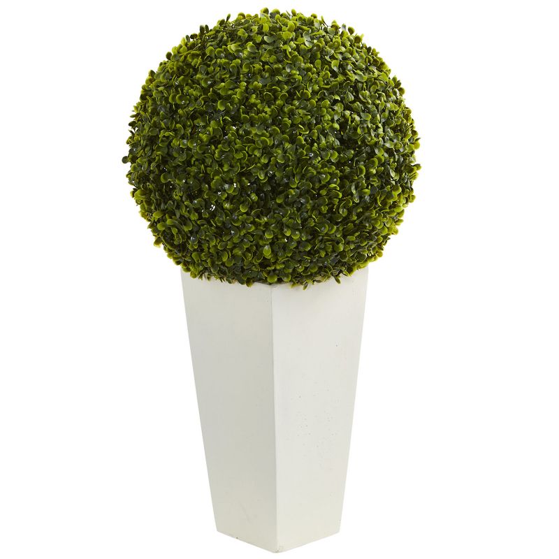 28" Boxwood Topiary Ball Artificial Plant In White Tower Planter - Nearly Natural