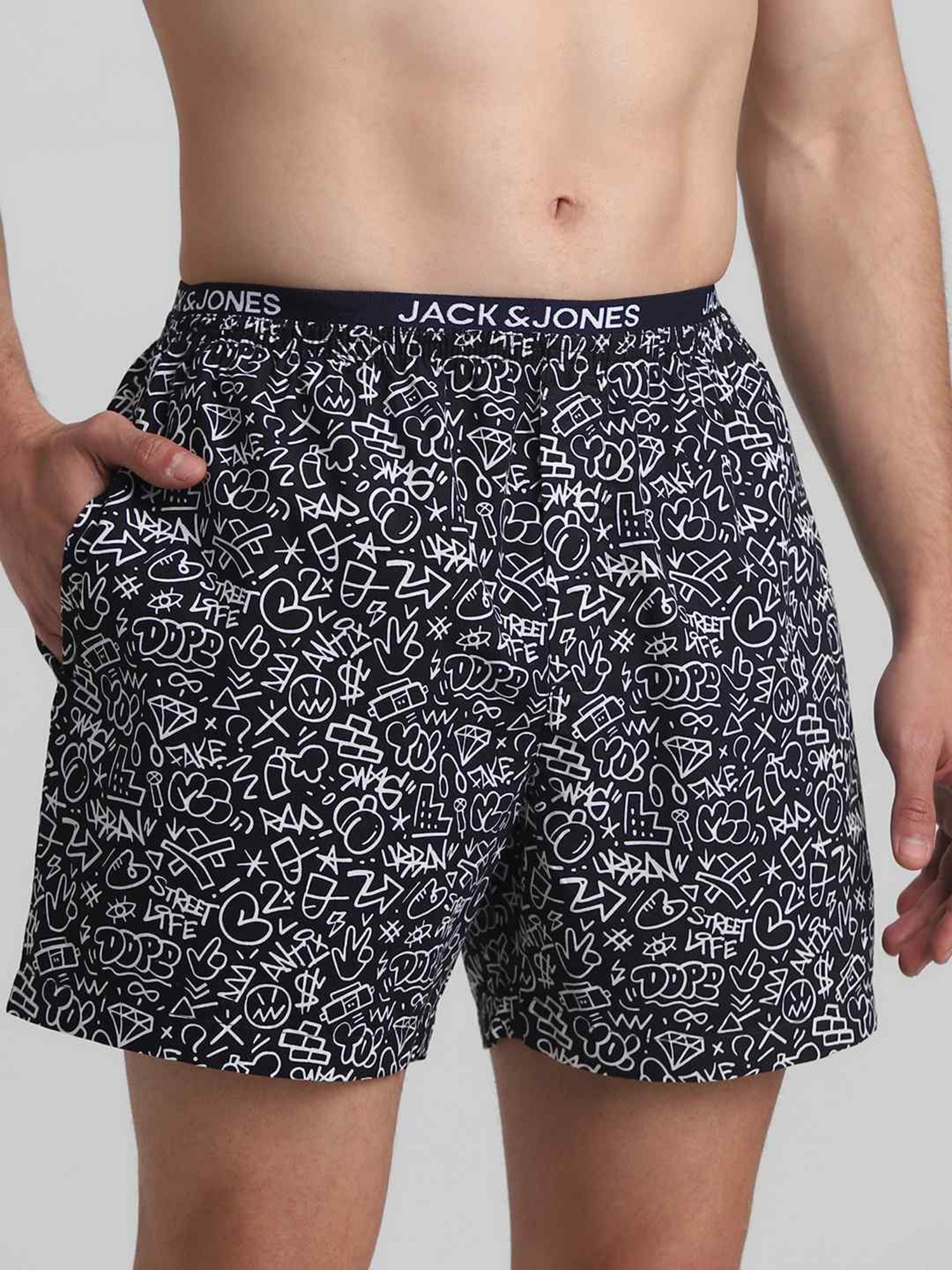 Jack & Jones Navy Blue Cotton Regular Fit Printed Boxers