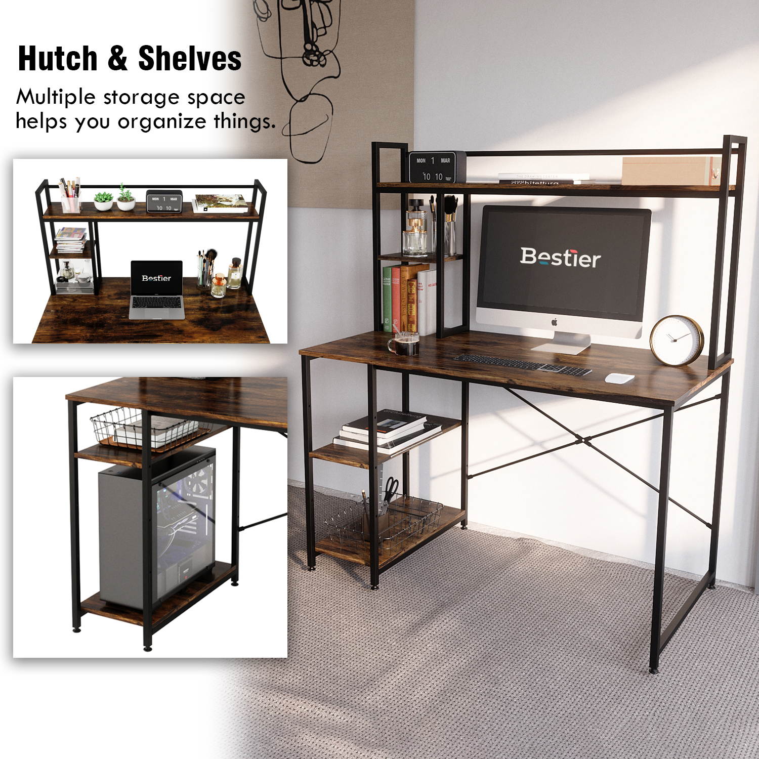 Bestier Computer Desk with Hutch and Shelves 47 Inch, Adjustable Storage Bookshelf Home Office Study Working Table Workstation for Small Space and Bedroom, Modern College Student Desks, Oak