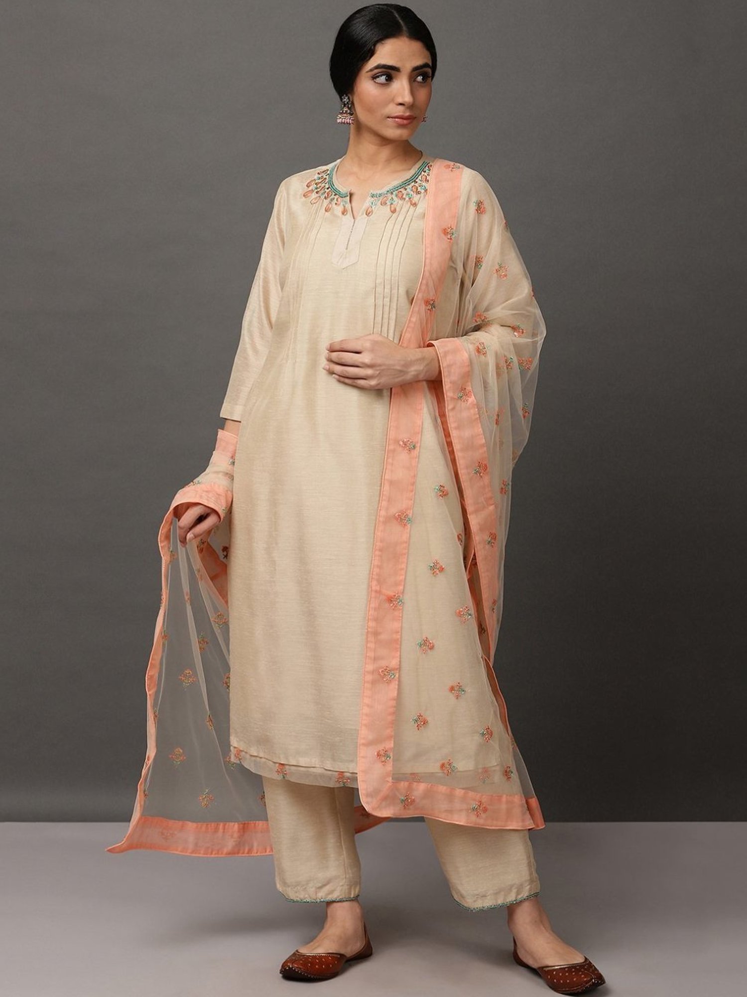 Nuhh Ecru Chanderi Kurta Set with Dupatta