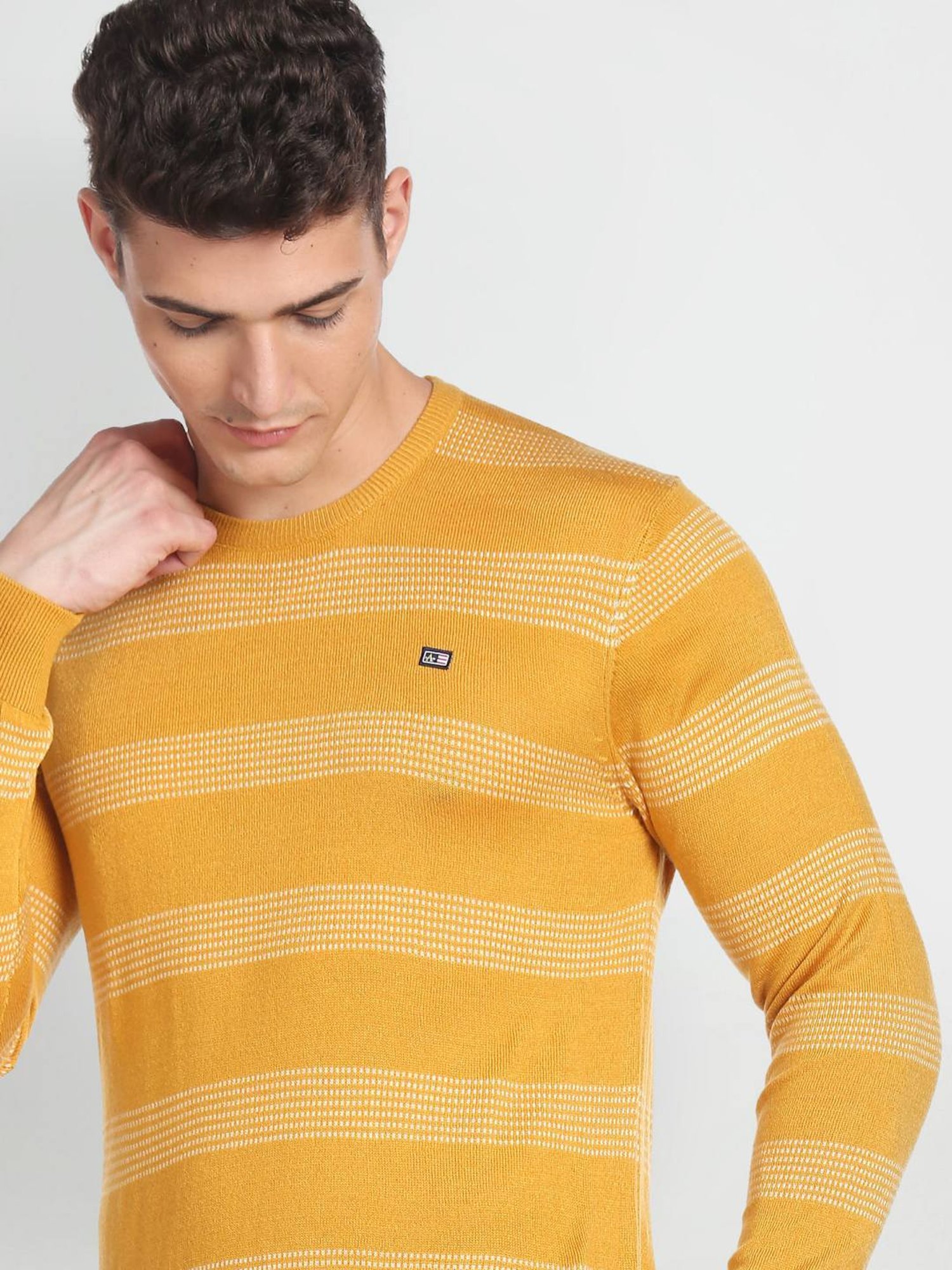 Arrow Sport Yellow Regular Fit Striped Sweater