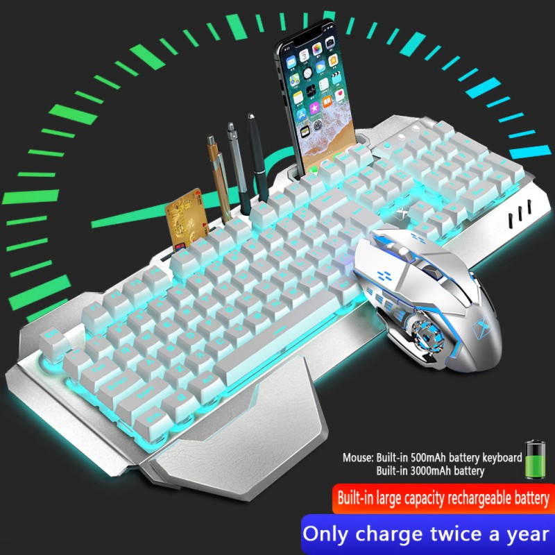 Wireless Gaming Keyboard and Mouse Combo with Rainbow LED Backlit Rechargeable  Battery Metal Panel Mechanical Keyboard