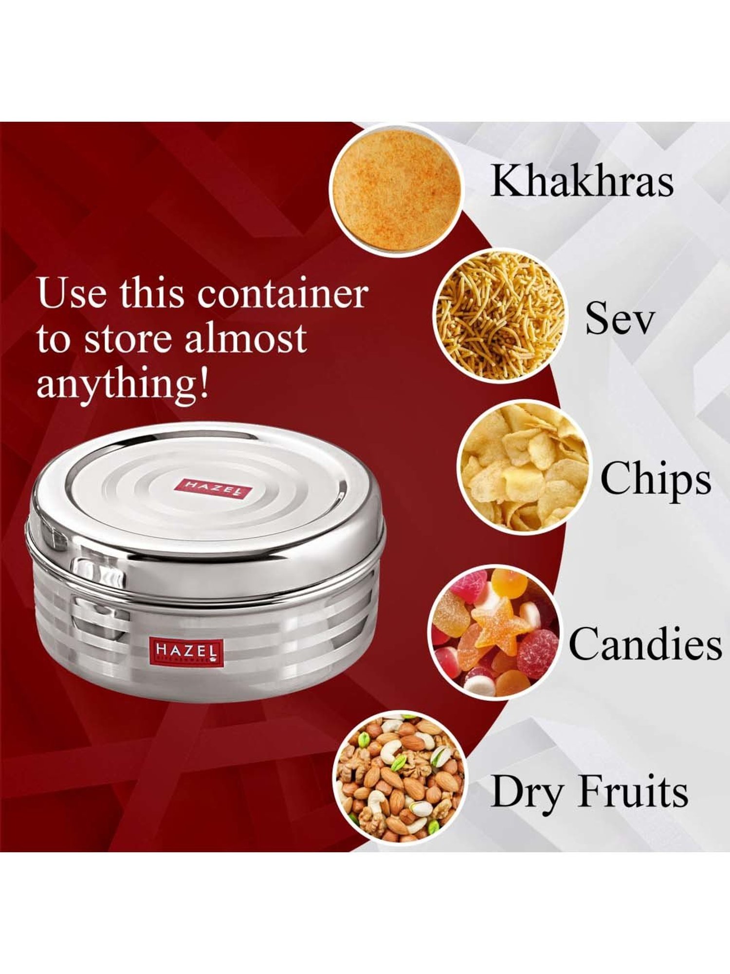 HAZEL Silver Stainless Steel Round Small Container For Spices (0.55 L)