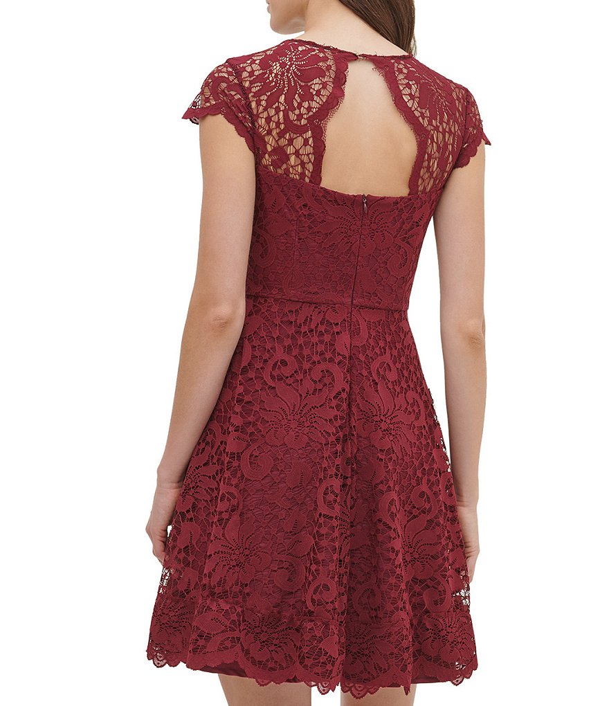 Kensie Illusion Neck Cap Sleeve Lace Fit & Flare Scallop Hem Fit & Flair Dress