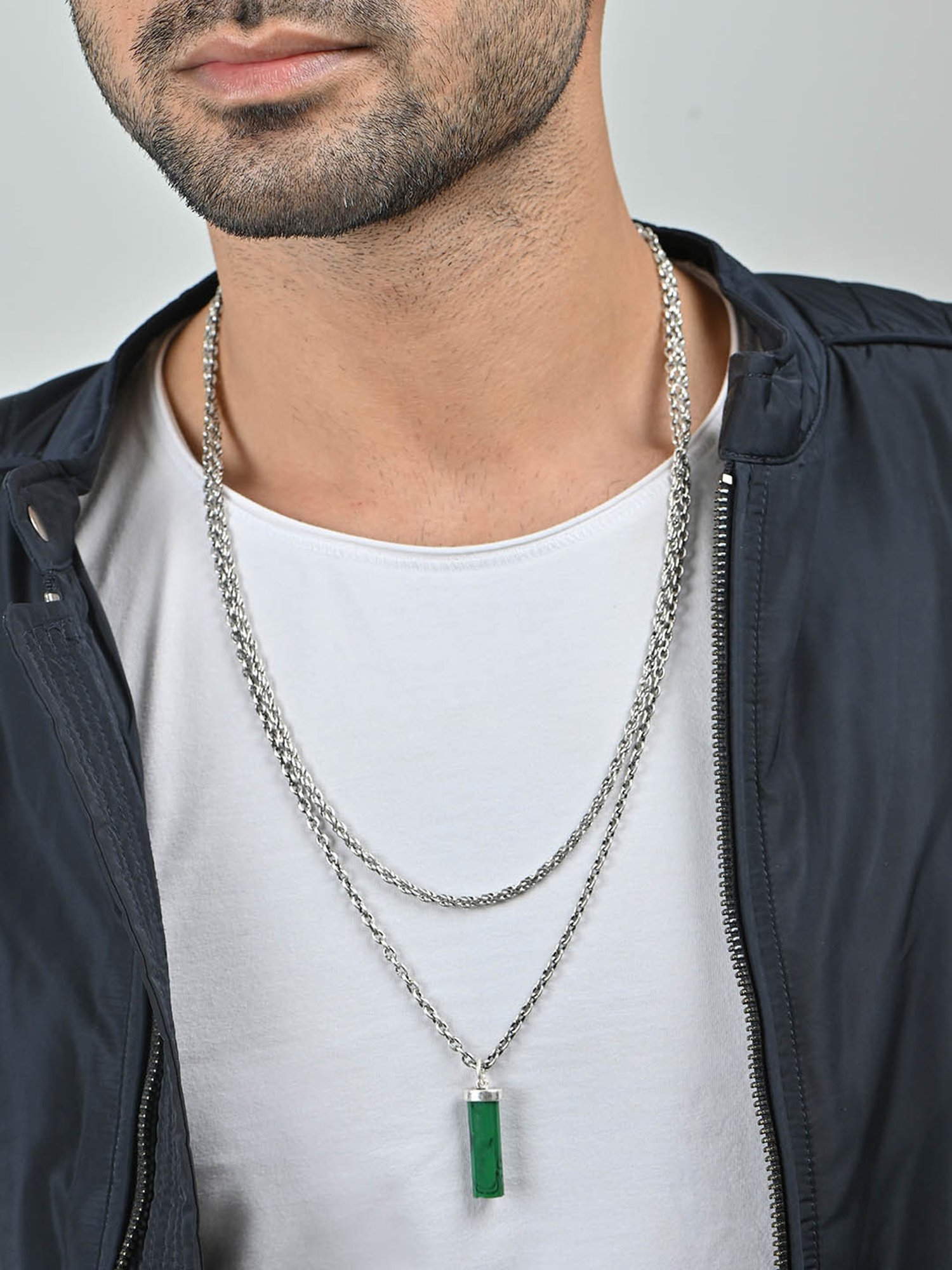 The Bro Code Silver & Dark Green Layered Charm Neckalce Chain for Men