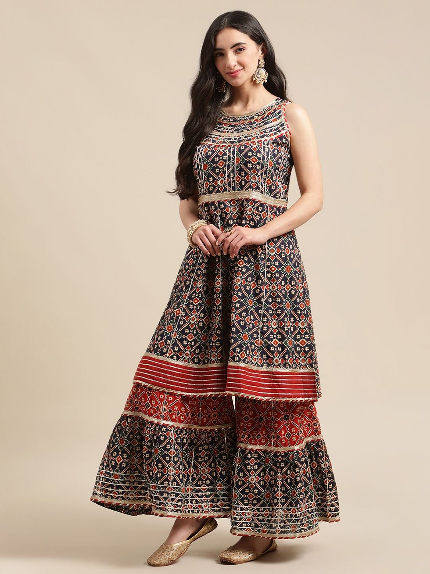 KSUT Navy Cotton Printed Kurta Sharara Set With Dupatta
