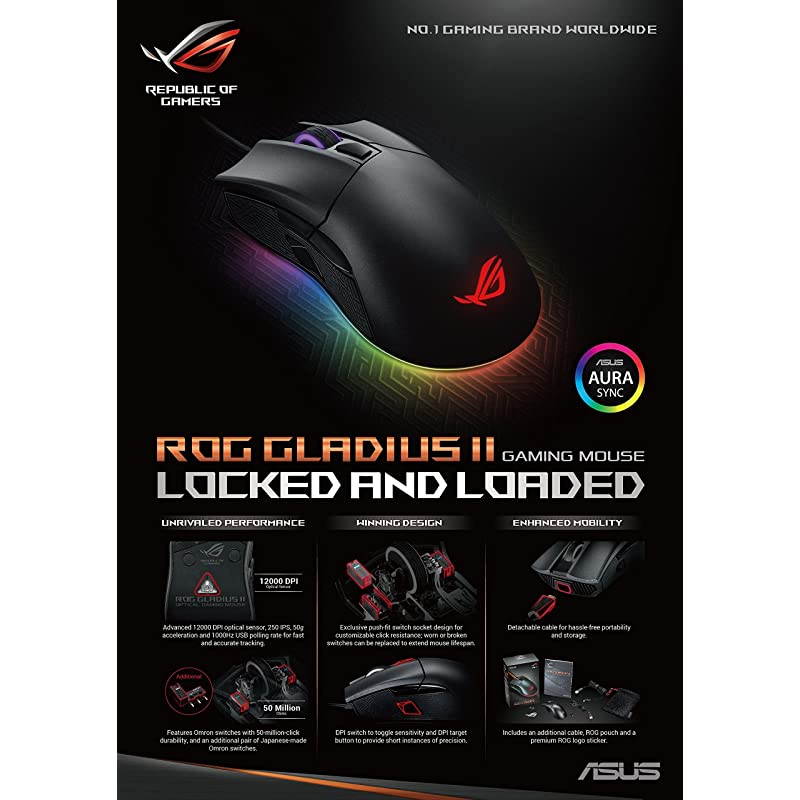 ROG Gladius II Aura Sync USB Wired Optical Ergonomic Gaming Mouse with DPI Target Button 12000 DPI ROG Gladius II