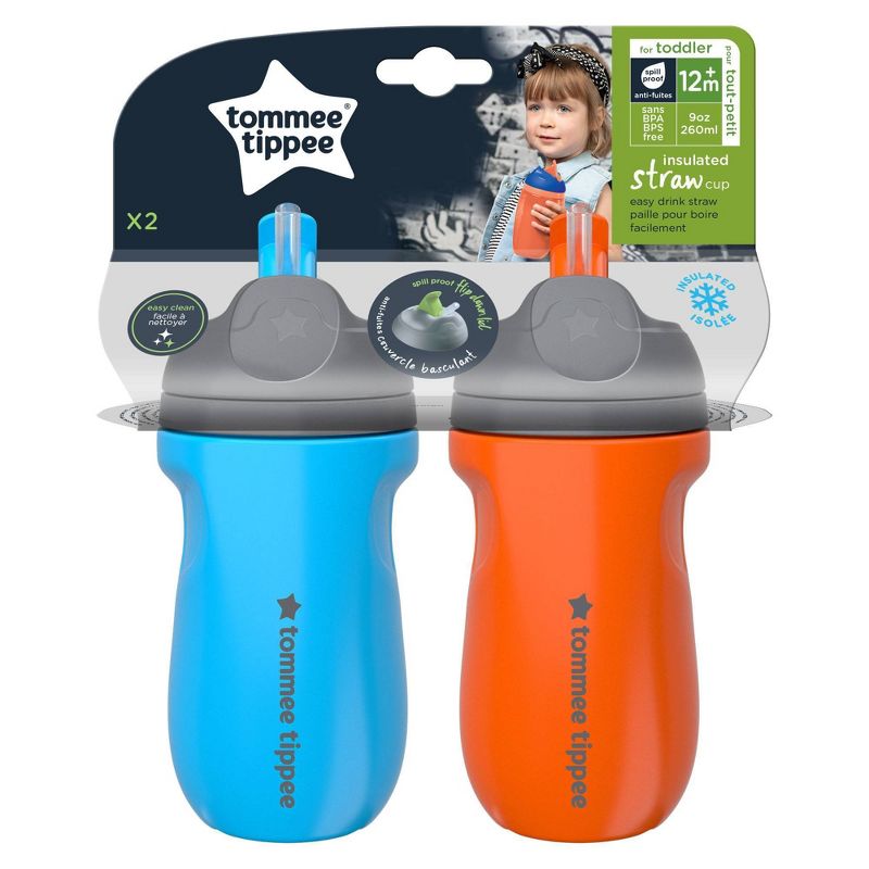 Tommee Tippee 2pk Insulated Straw Toddler Cup - Blue/Orange - 9oz