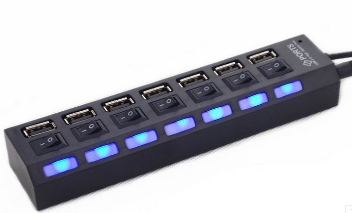 7 Ports LED USB 2.0 Adapter Hub Power on/off Switch - Black