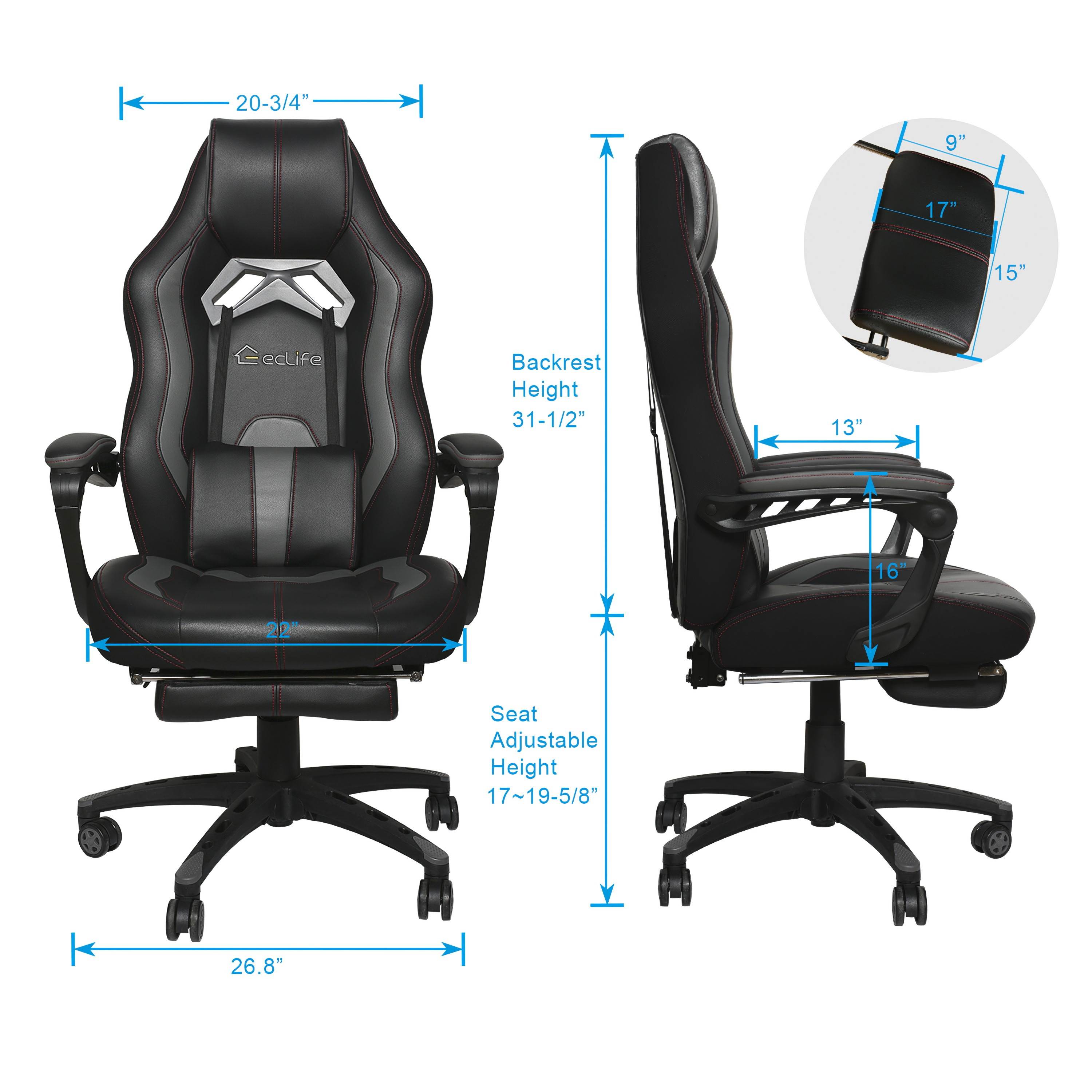 E-sports Massage Gaming Chair with footrest Grey