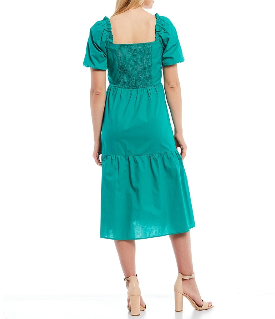 Skies Are Blue Puff Sleeve Tiered Sweatheart Neck Midi Dress