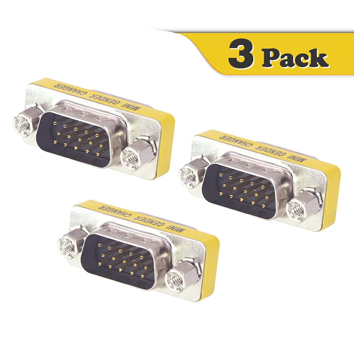VCE 3-Pack VGA SVGA HD15 Male to Male Mini Gender Changer Coupler Adapter