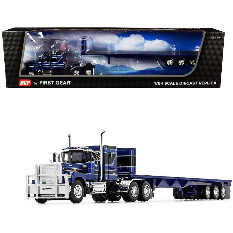 Mack Super-Liner with 60" Sleeper Cab with Tri-Axle Flatbed Trailer Dark Blue and Black 1/64 Diecast Model by DCP/First Gear