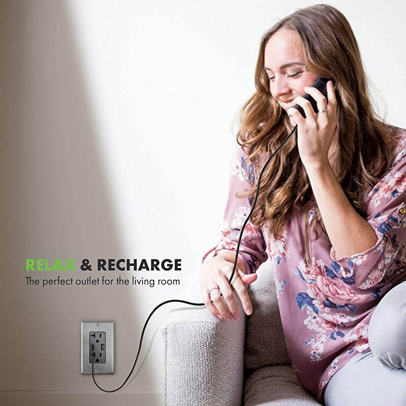 48A High Speed USB Outlet Wall Charger with Stainless Steel Decorator Wall Plate 24W 20A TamperResistant Receptacle UL Listed TU22048AGYWP7731 Gray