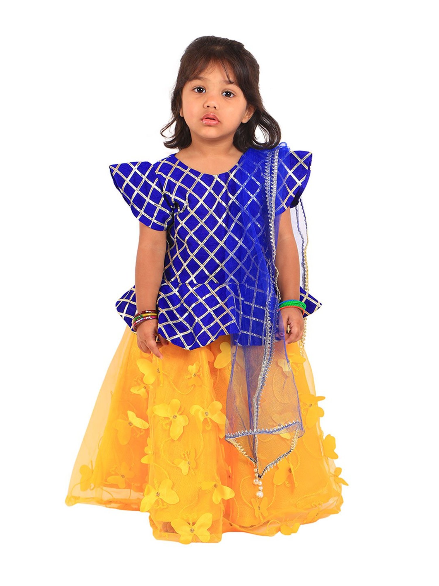 Passion Petals Kids Blue & Yellow Applique Lehenga, Choli With Dupatta