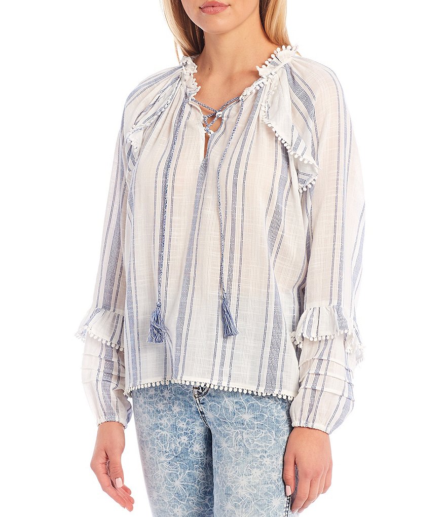 Ella Moss Rylee Stripe Print Tassel Lace-Up Neck Ruffle Bubble Sleeve Pom Pom Trim Detail Blouse