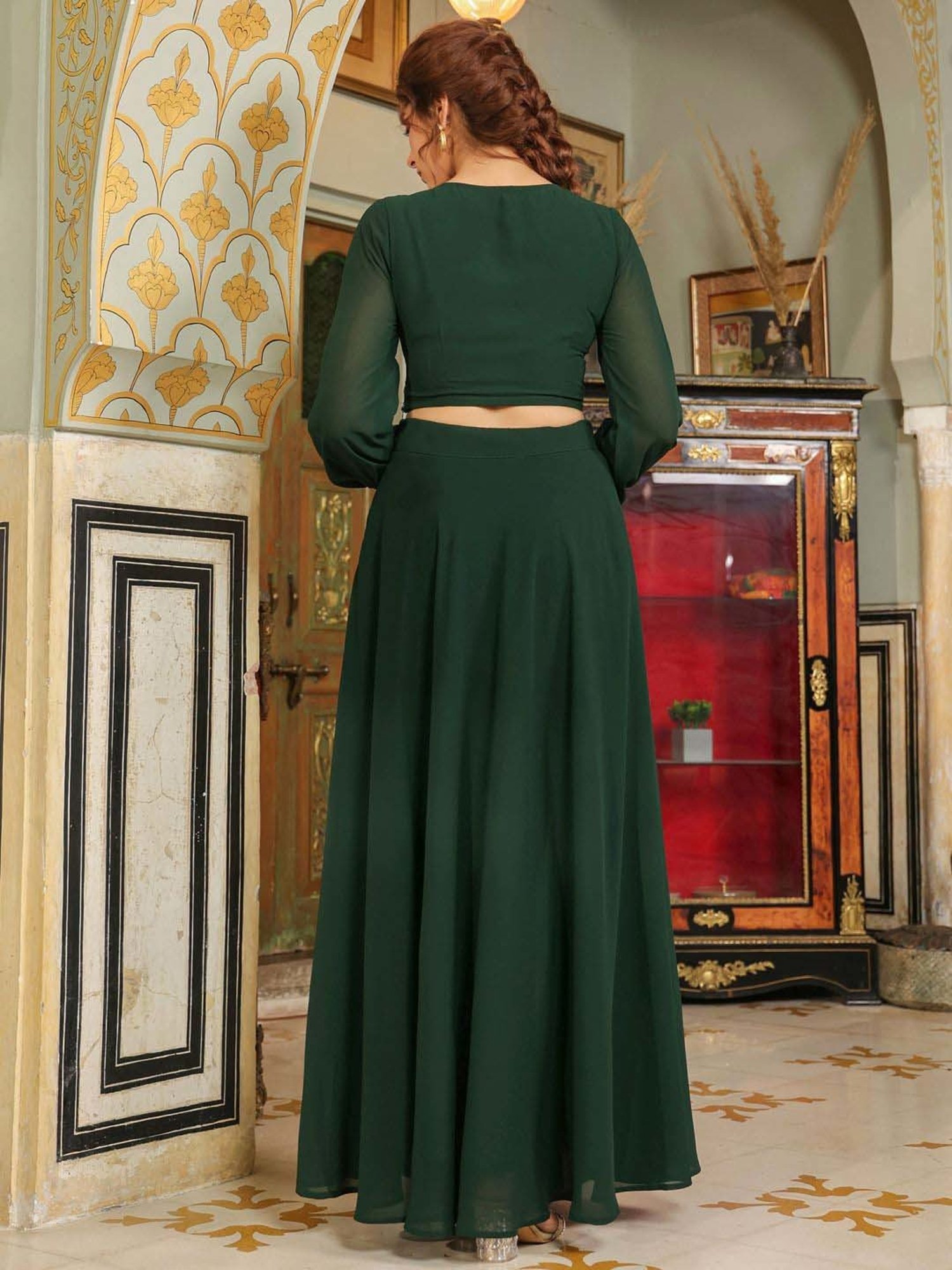 Janasya Green Embroidered Crop Top Skirt Set