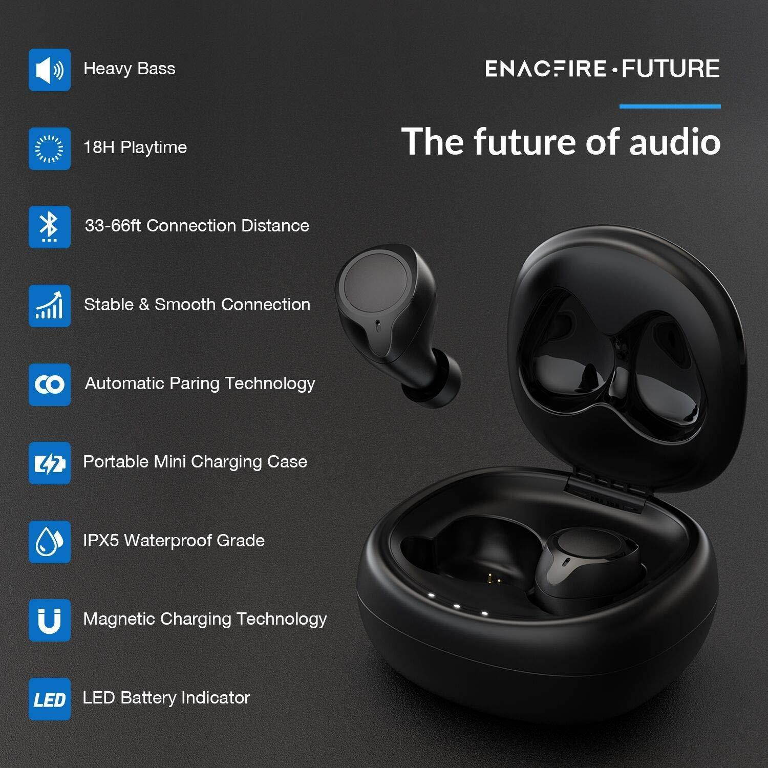 Bluetooth 5.0 Wireless Earbuds, ENACFIRE Future Wireless Bluetooth Headphones with 18H Playtime Deep Bass Stereo Sound 33-66 ft Bluetooth Range Elegant Portable Charging Case, Built-in Mic