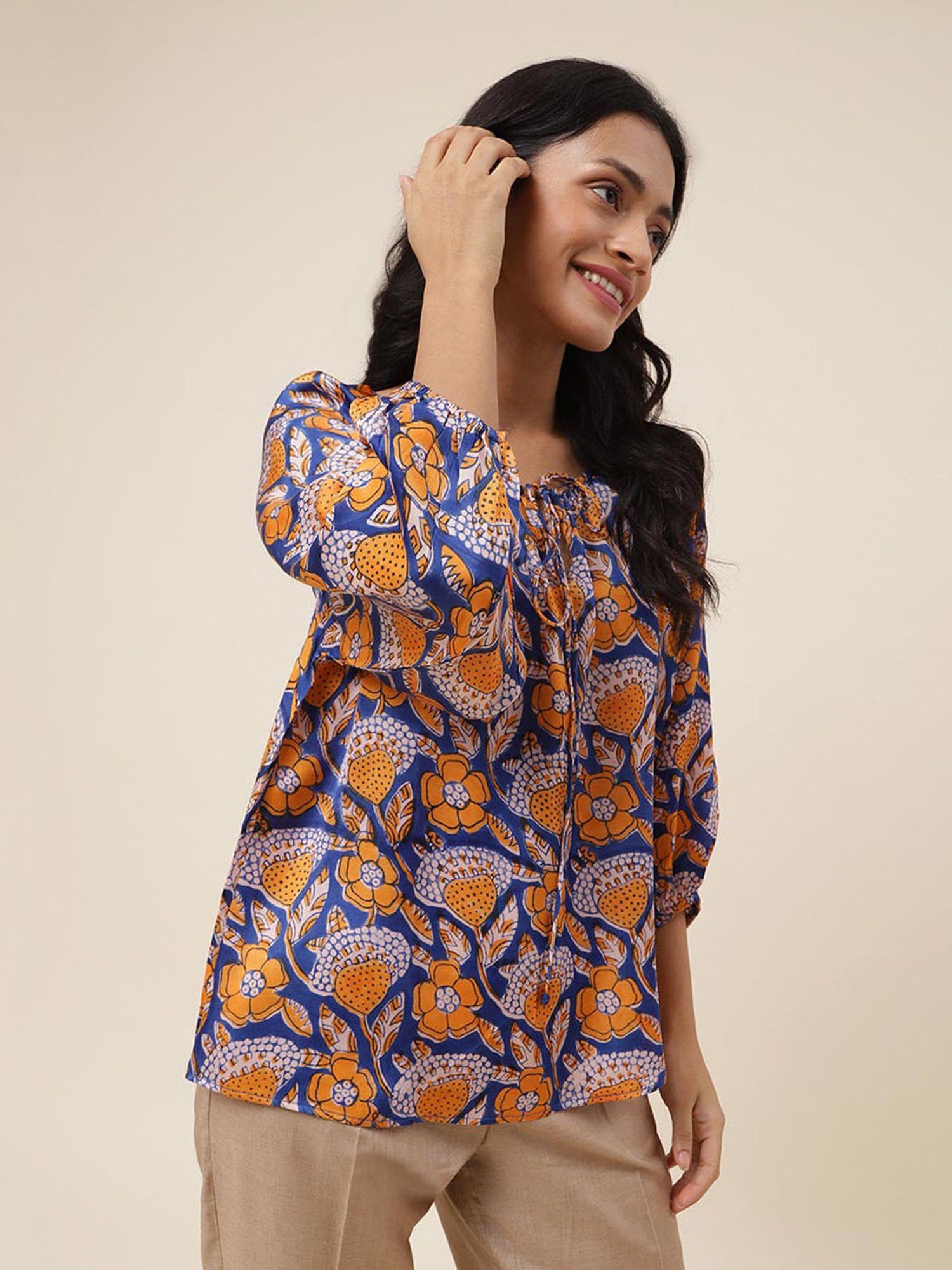 Fabindia Royal Blue & Mustard Printed Top