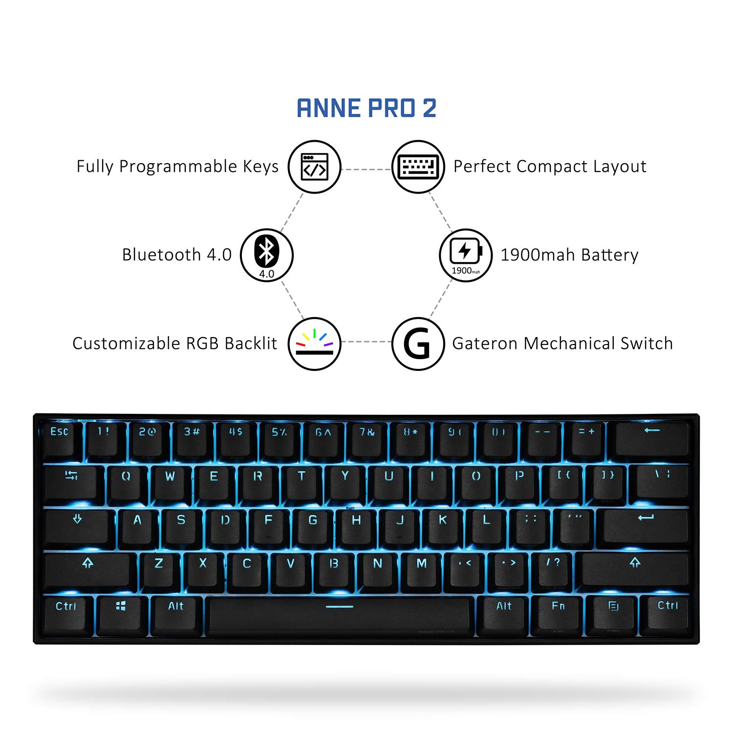 Anne Pro 2 60% Mechanical Keyboard Wired/Wireless Dual Mode Full RGB Double Shot PBT - Brown Switch
