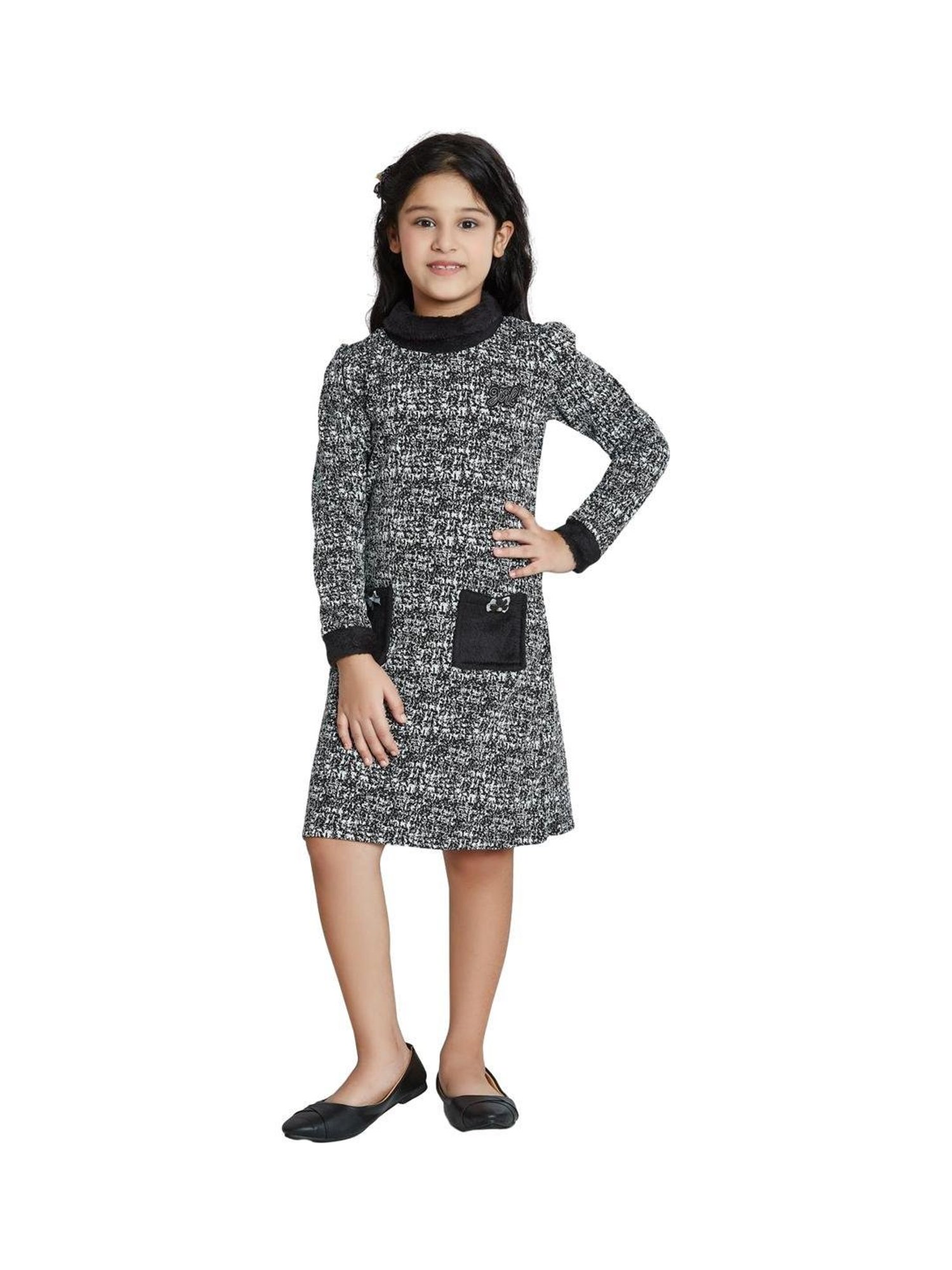 Peppermint Kids Black & White Printed Full Sleeves Dress