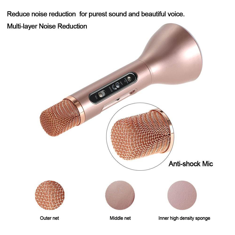 K188 Karaoke Player Wireless Bluetooth Condenser Microphone LED Light TF Card 3.5mm AUX-IN with Mic Speaker KTV Singing Record for Smart Phones Computers Gold