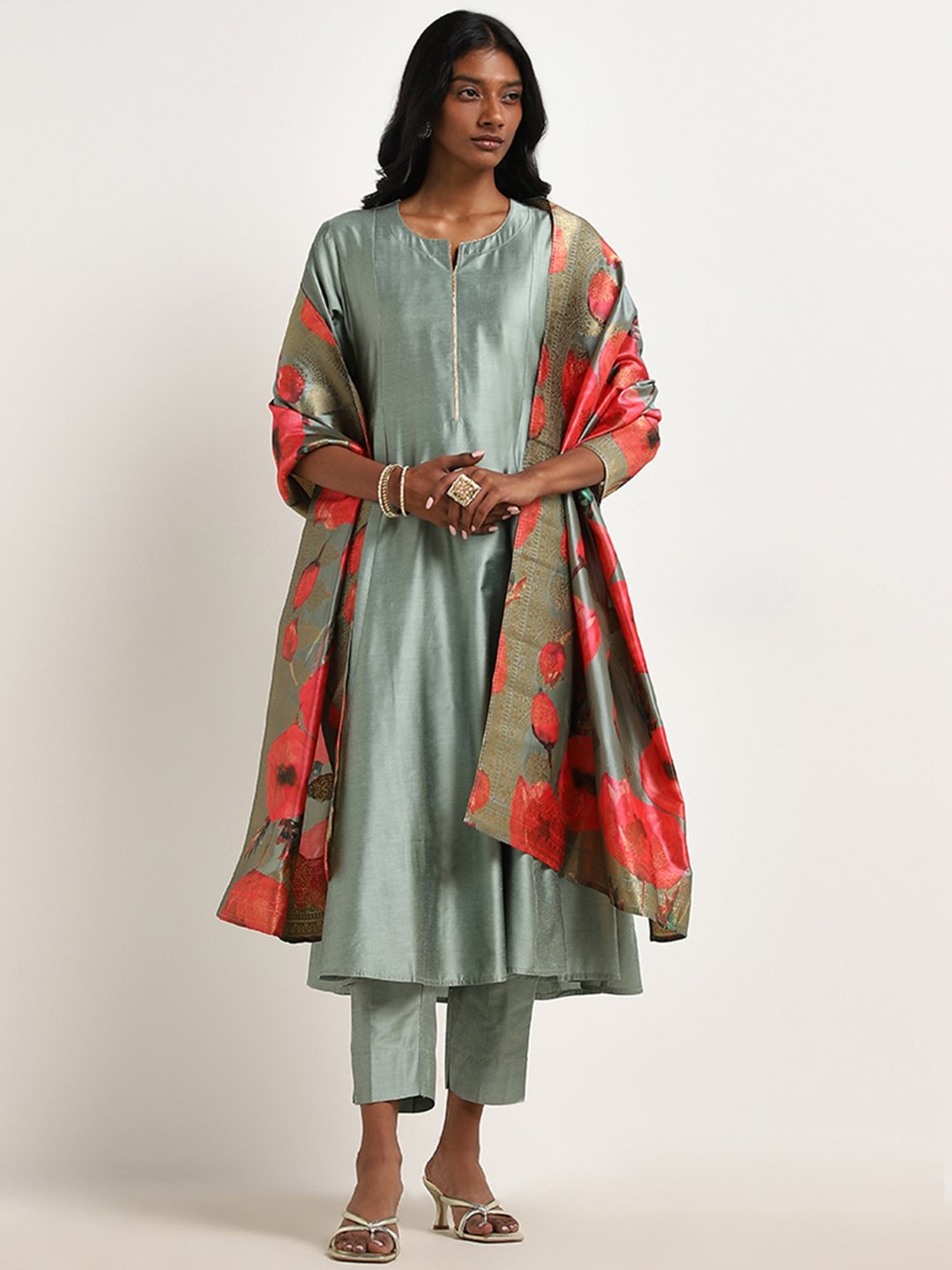 Vark by Westside Sage Floral Printed A-Line Kurta, Pants & Dupatta Set