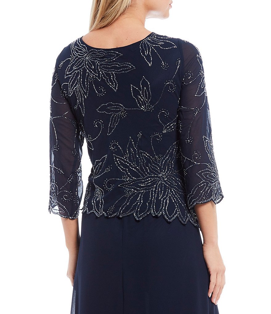 Jkara Petite Size 3/4 Sleeve Scoop Neck Beaded Bodice Gown