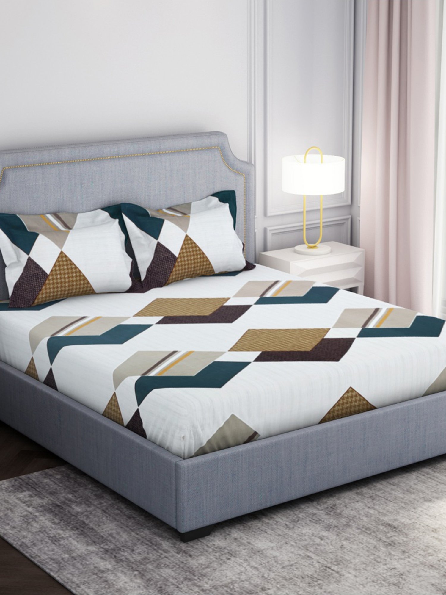 Welspun Geometric White 130 TC Microfiber Double Bedsheet with 2 Pillow Covers